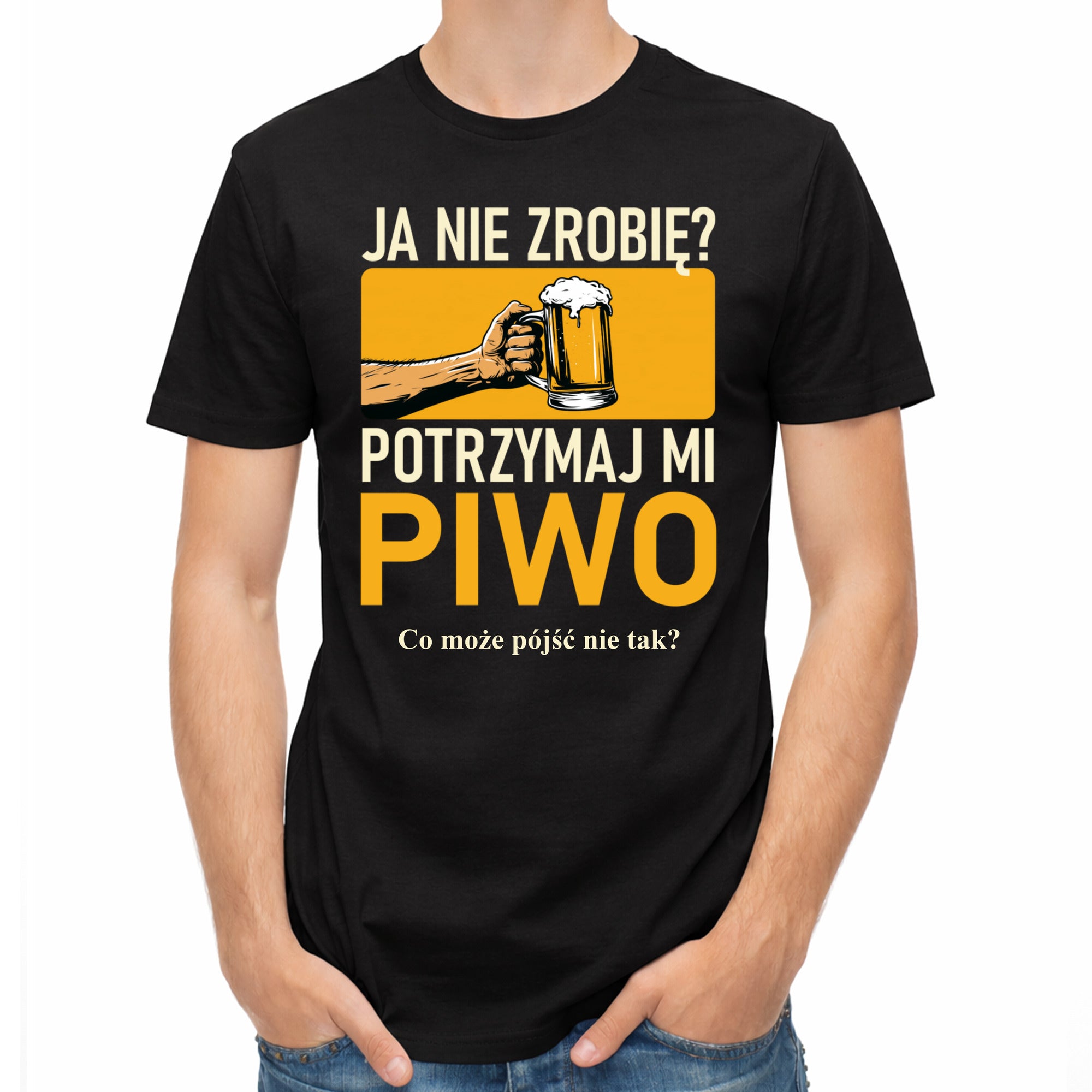 Koszulka męska czarna dla piwosza z nadrukiem Ja nie zrobię? Potrzymaj mi piwo