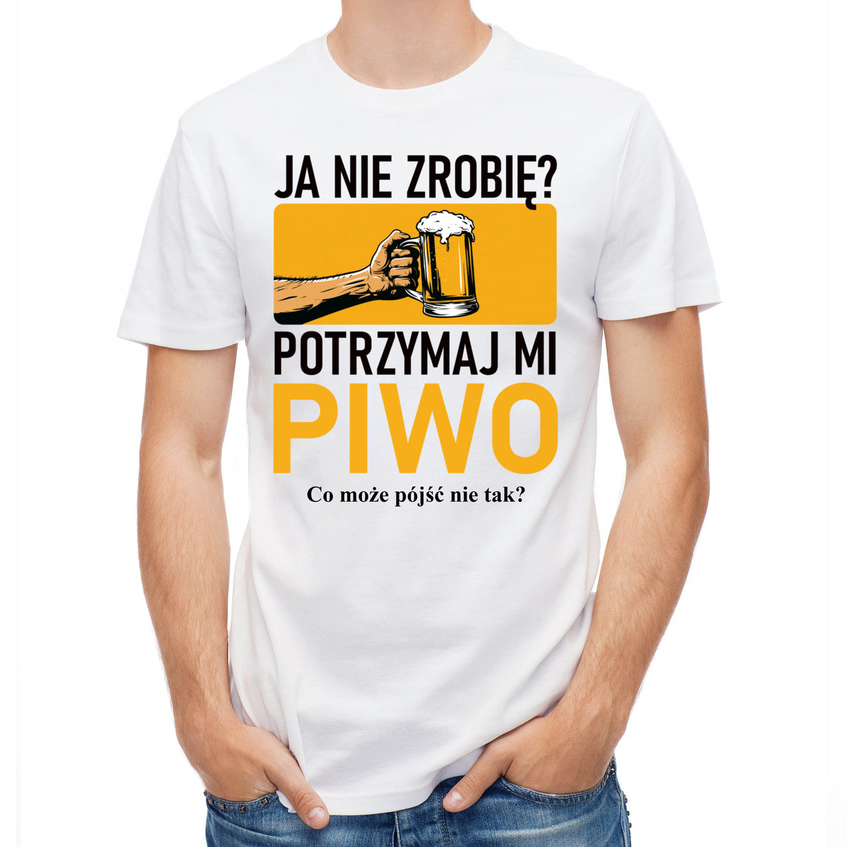 Koszulka męska biała dla piwosza z nadrukiem Ja nie zrobię? Potrzymaj mi piwo