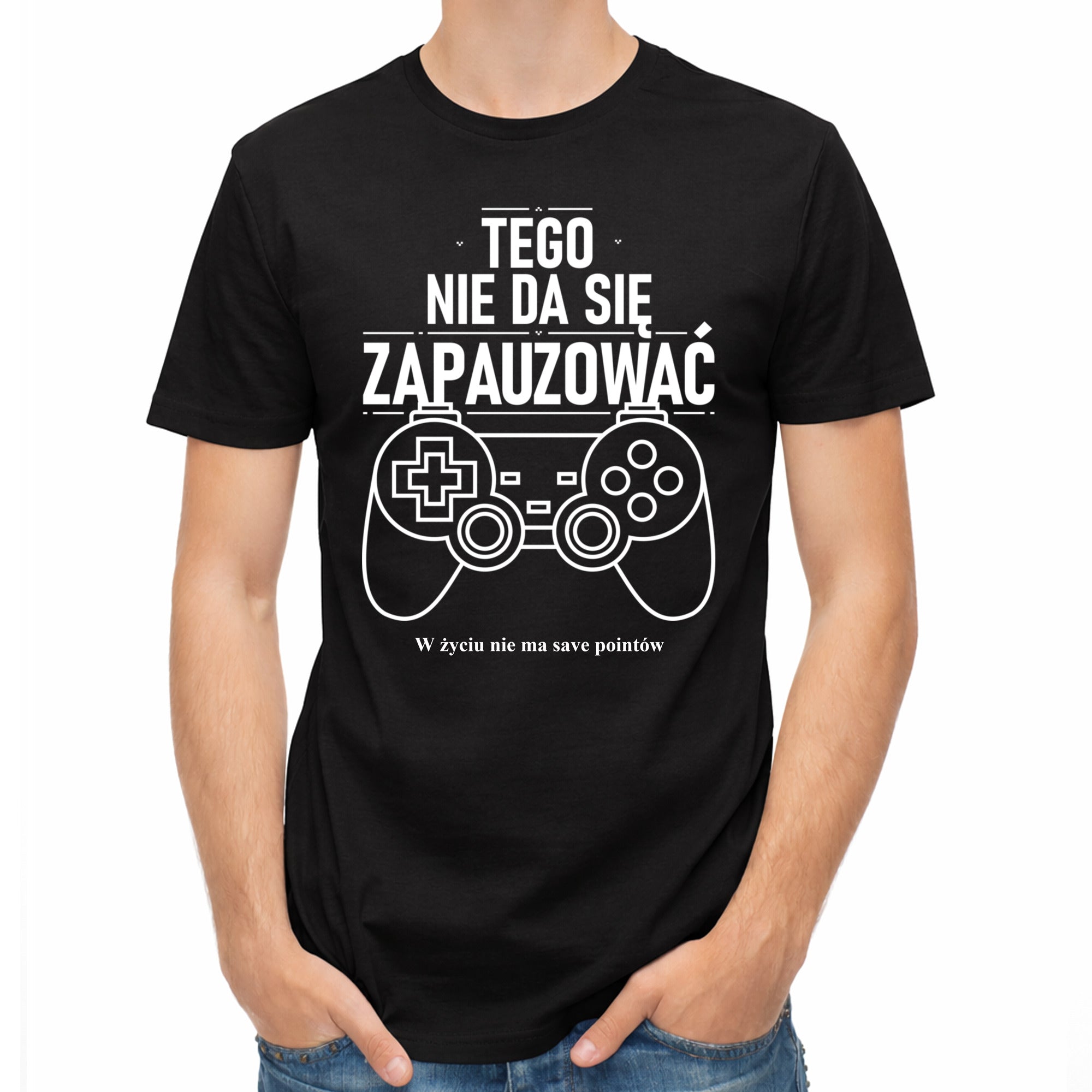 Koszulka męska czarna dla gracza z nadrukiem Tego nie da się zapauzować