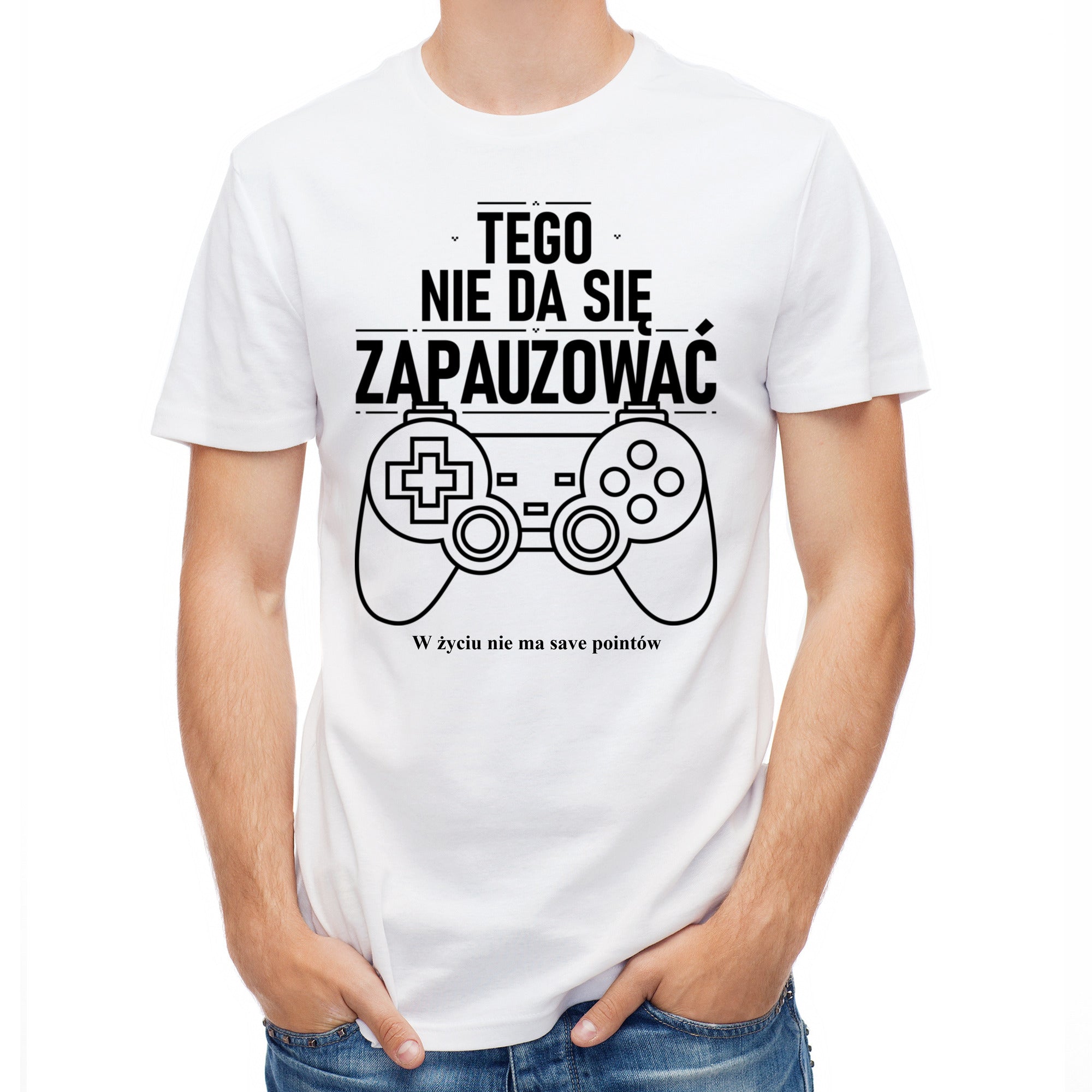 Koszulka męska biała dla gracza z nadrukiem Tego nie da się zapauzować