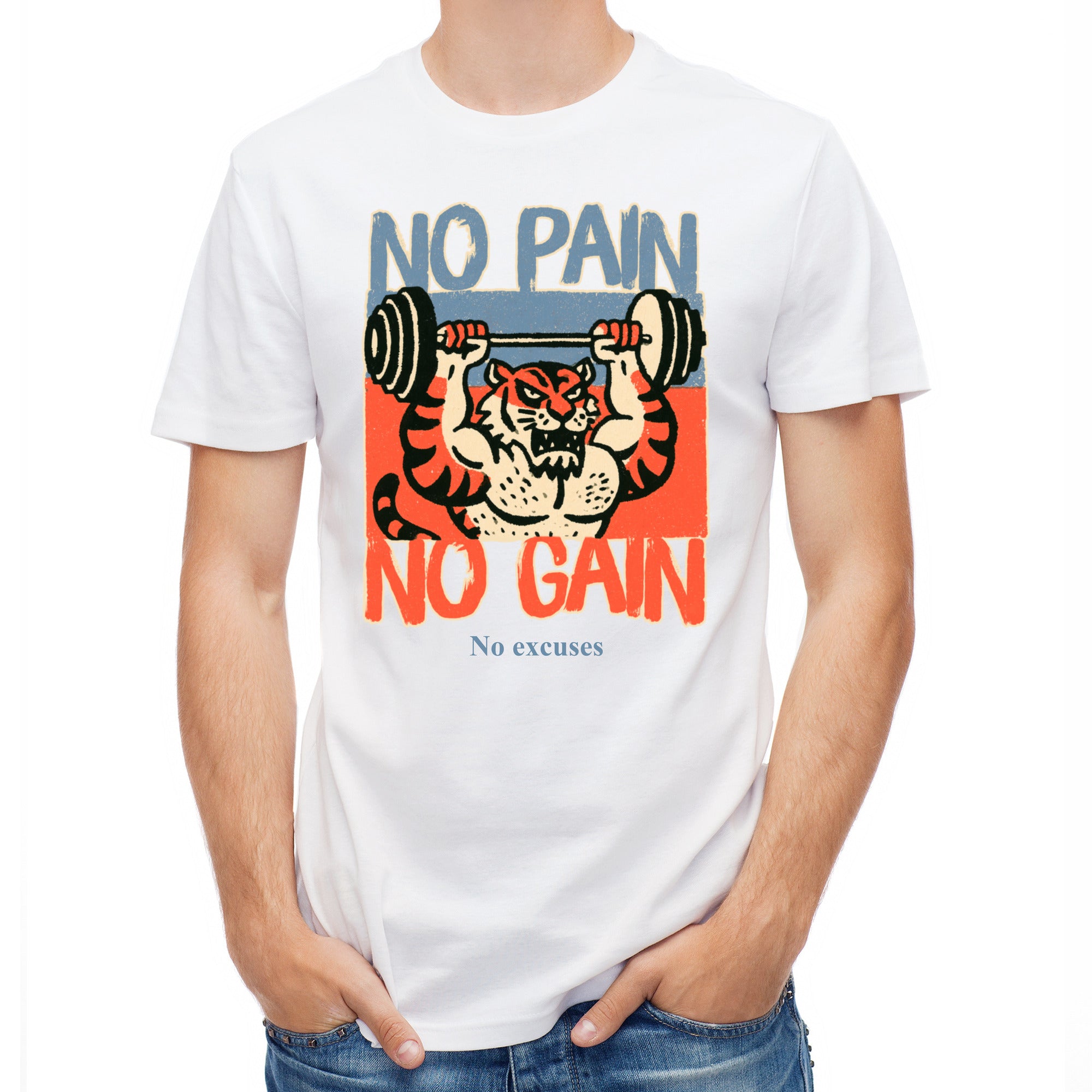Koszulka męska na siłownię z nadrukiem No Pain No Gain i tygrysem