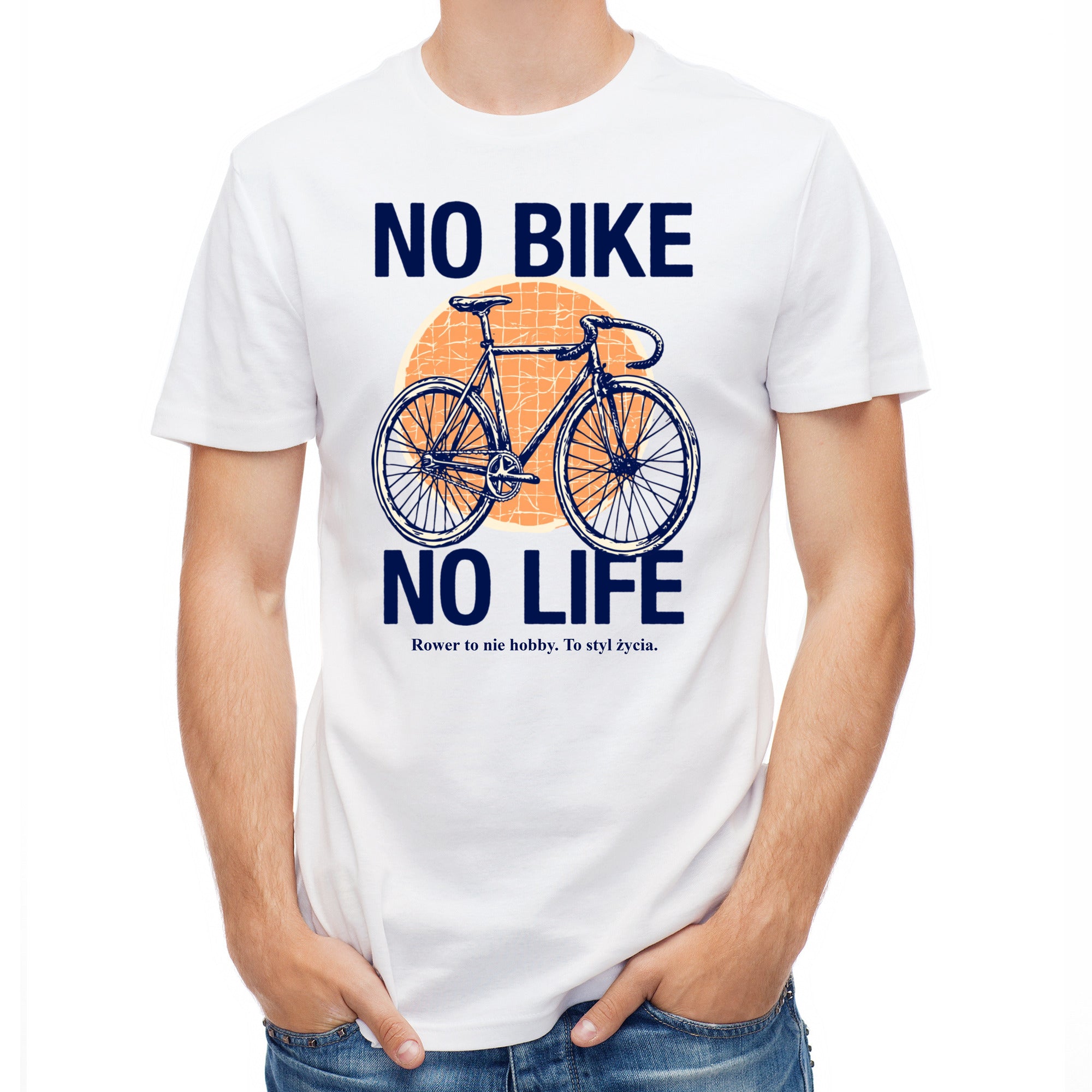 Koszulka męska biała dla rowerzysty z nadrukiem No Bike No Life