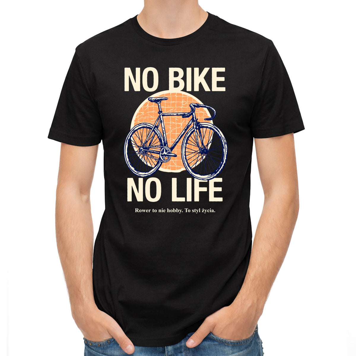 Koszulka męska biała dla rowerzysty z nadrukiem No Bike No Life
