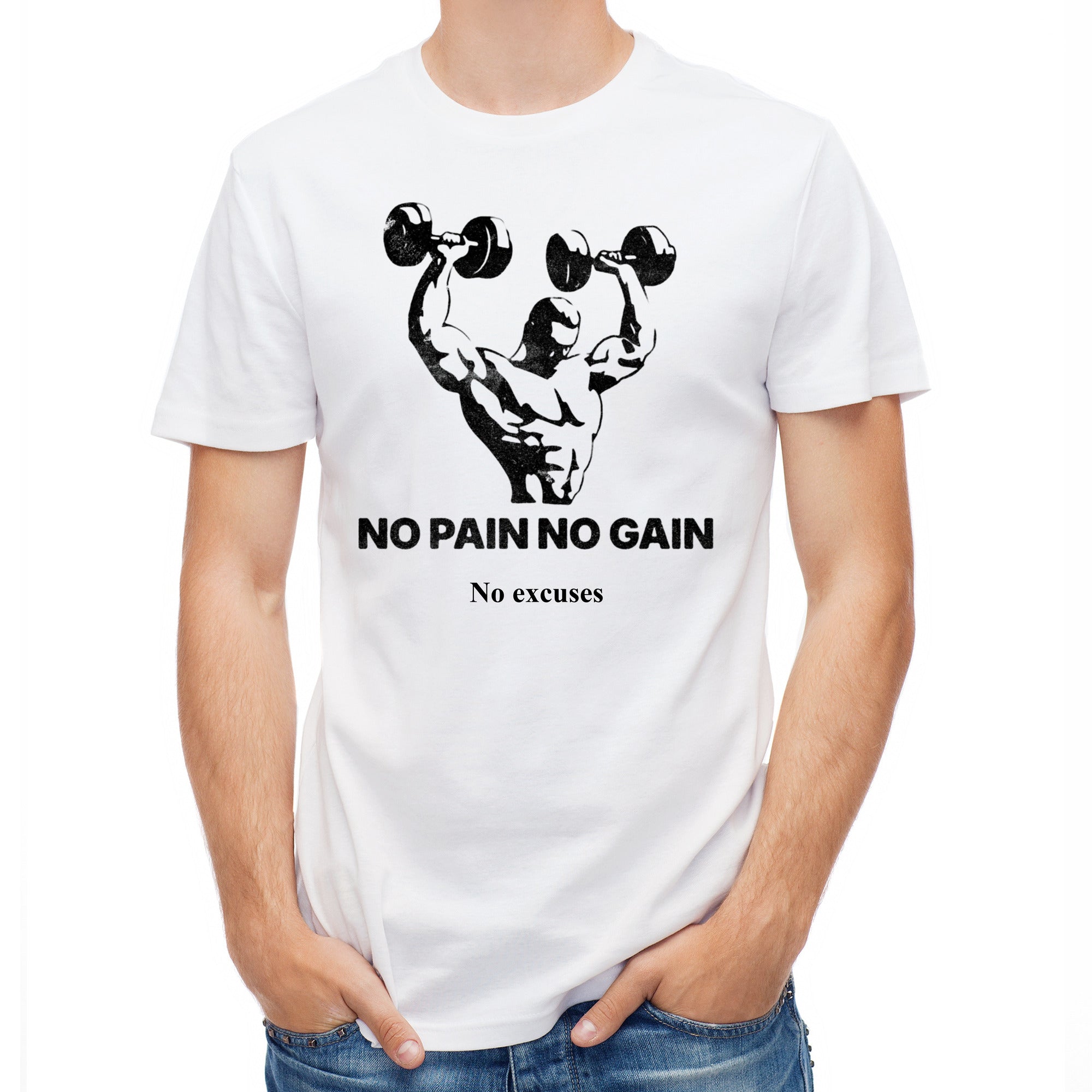 Koszulka męska biała na siłownię z nadrukiem No Pain No Gain