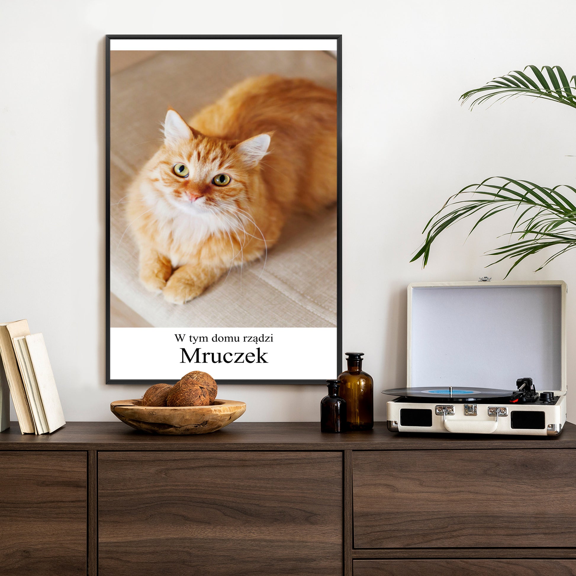 Plakat w ramie ze zdjęcia kota z białym marginesem i napisem